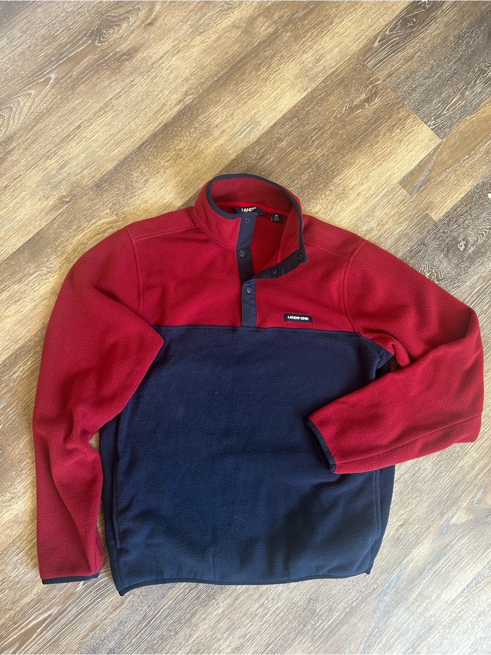 Lands' End Red and Navy Colorblock Fleece Pullover M